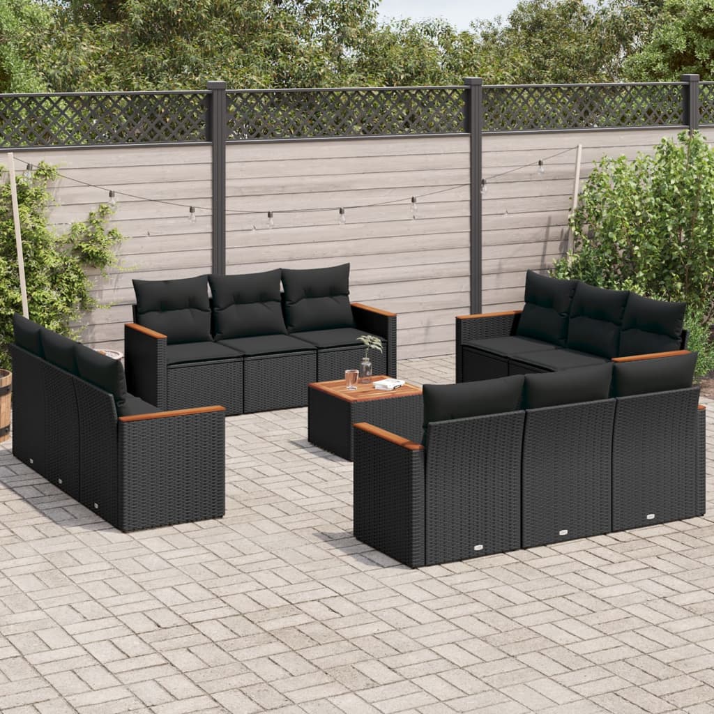 13-tlg. Garten-Sofagarnitur mit Kissen Schwarz Poly Rattan