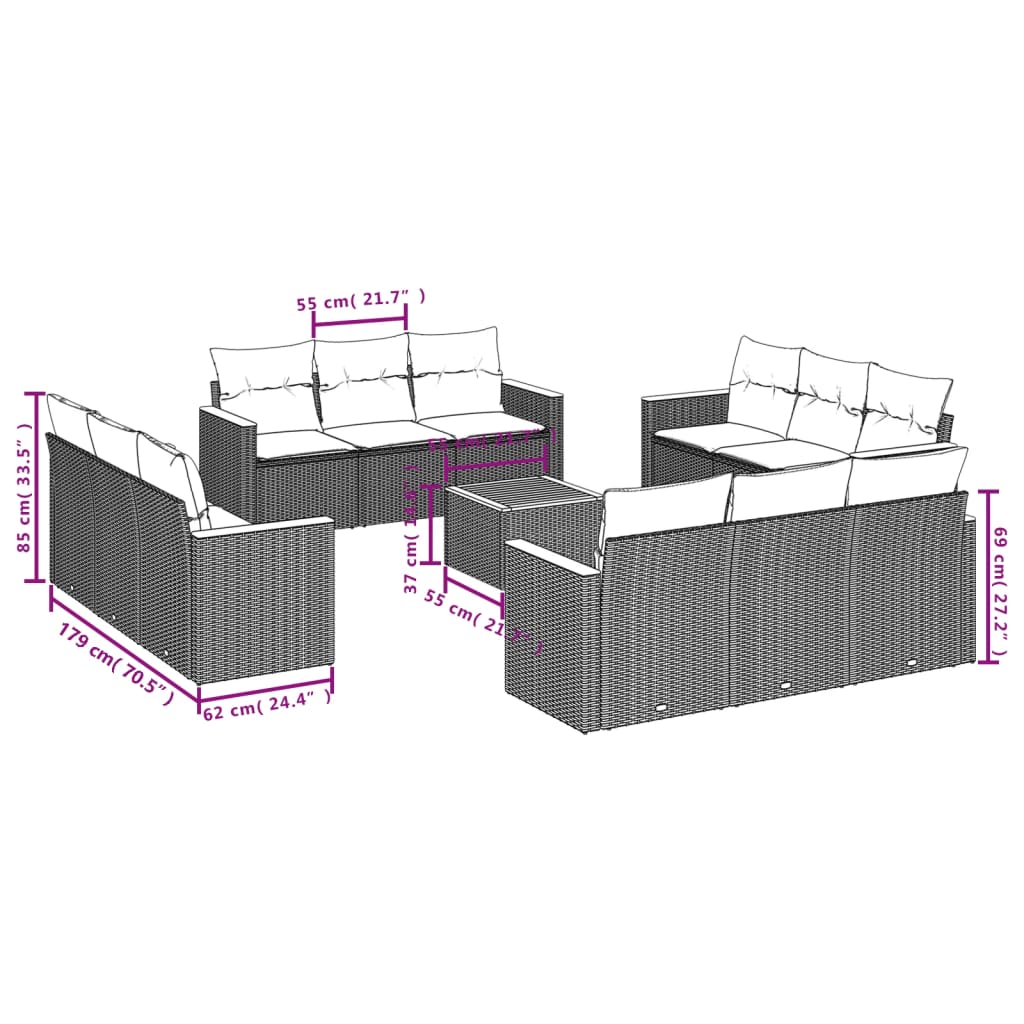 Set mobilier de grădină cu perne, 13 piese, gri, poliratan 3258245 - imagine 3