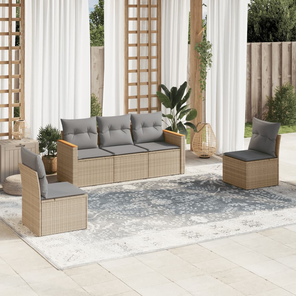 vidaXL 5-tlg. Garten-Sofagarnitur mit Kissen Beige Poly Rattan