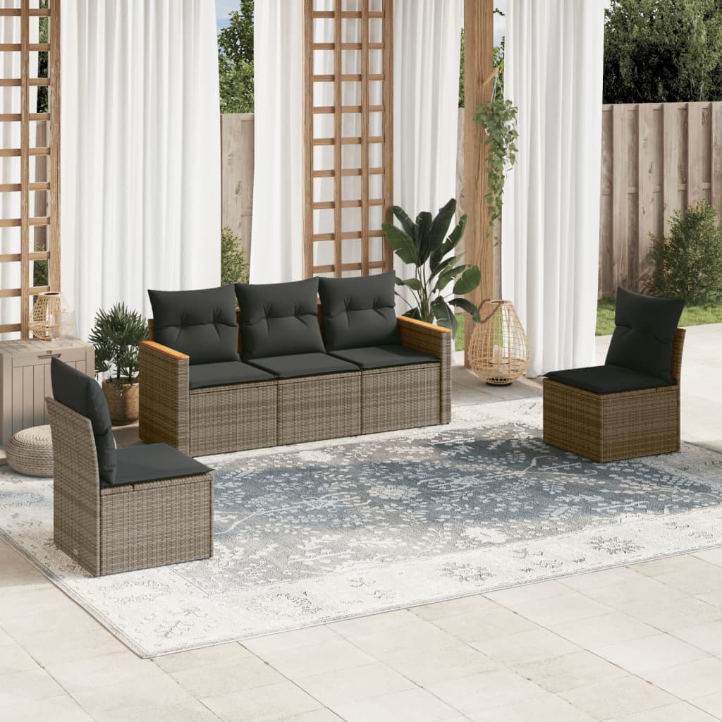 5-tlg. Garten-Sofagarnitur mit Kissen Grau Poly Rattan