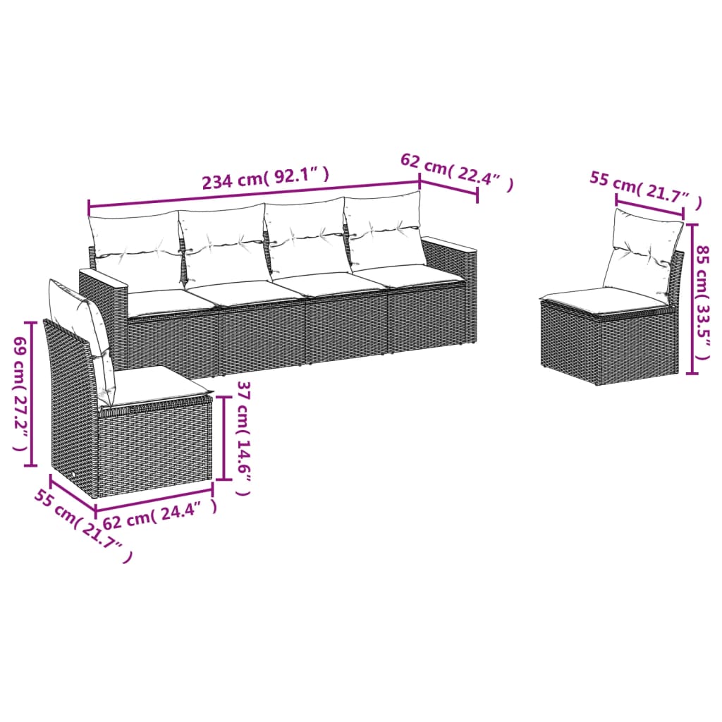 vidaXL 6-delige Loungeset met kussens poly rattan zwart afbeelding