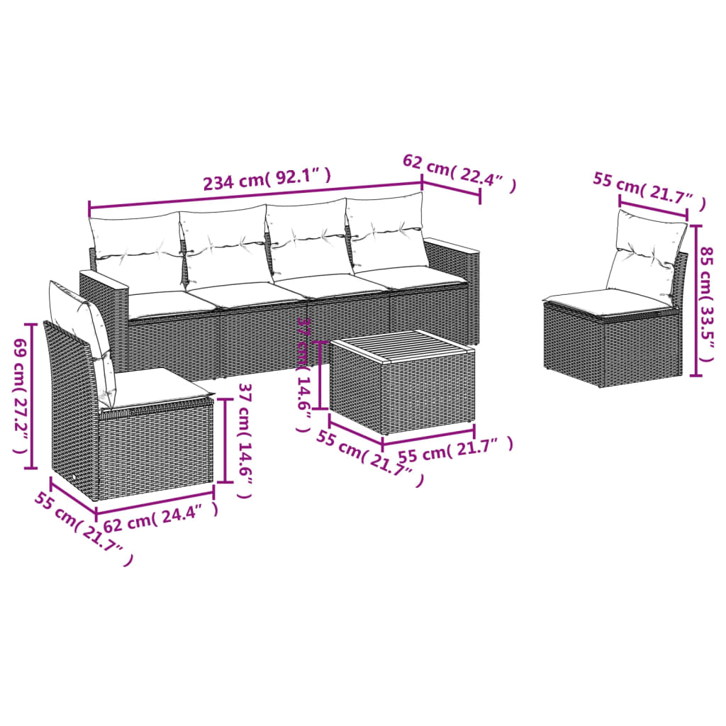 Set canapele de grădină cu perne, 7 piese, negru, poliratan 3258268 - imagine 3