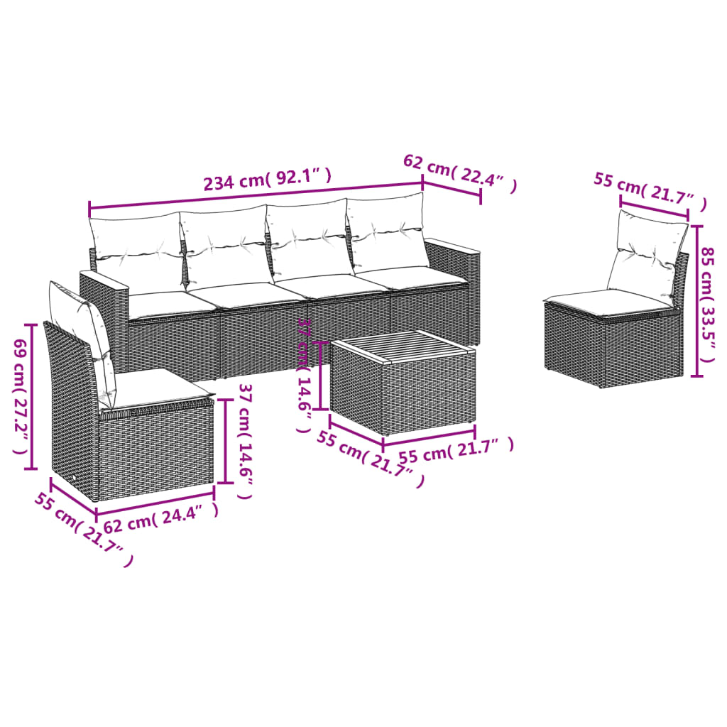 vidaXL 7-delige Loungeset met kussens poly rattan beige afbeelding