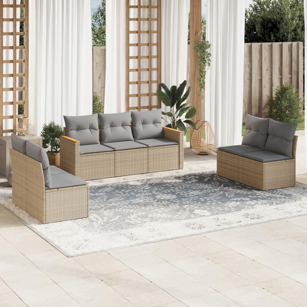 vidaXL 7-tlg. Garten-Sofagarnitur mit Kissen Beige Poly Rattan