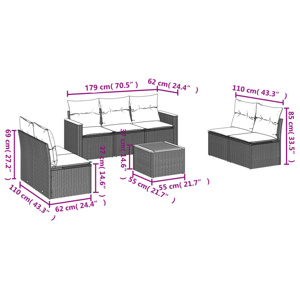 Set mobilier de grădină cu perne, 8 piese, negru, poliratan 3258283 - imagine 3