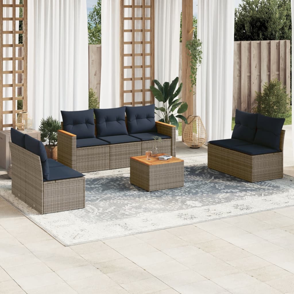 Set de sofás de jardín 8 pzas con cojines ratán sintético gris
