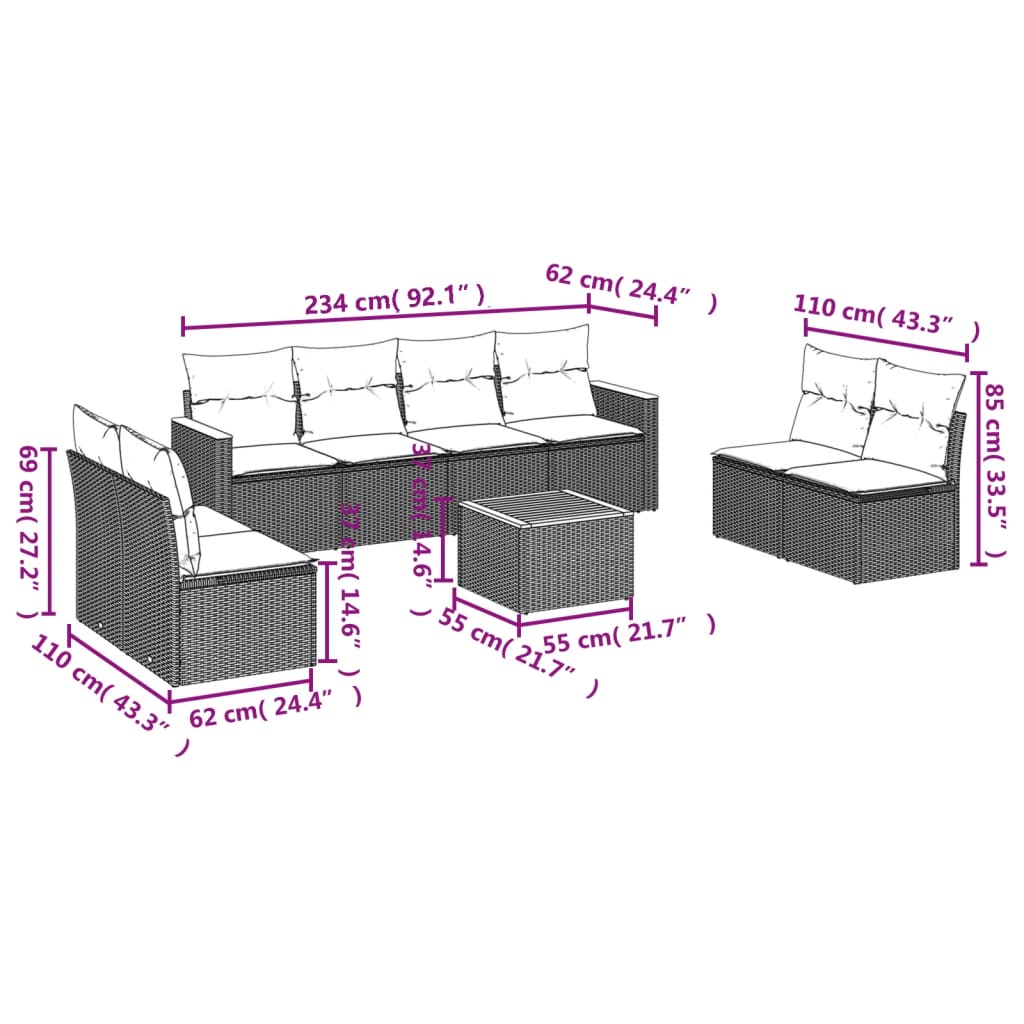 vidaXL 9 pcs conjunto de sofás p/ jardim com almofadões vime PE bege