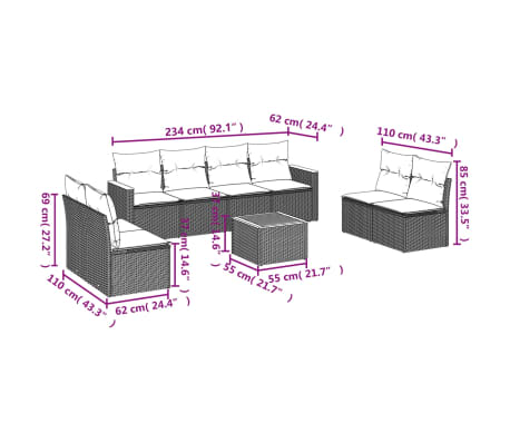 vidaXL 9-tlg. Garten-Sofagarnitur mit Kissen Beige Poly Rattan