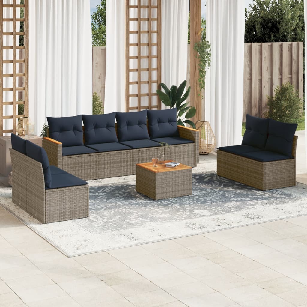Set de sofás de jardín 9 pzas con cojines ratán sintético gris