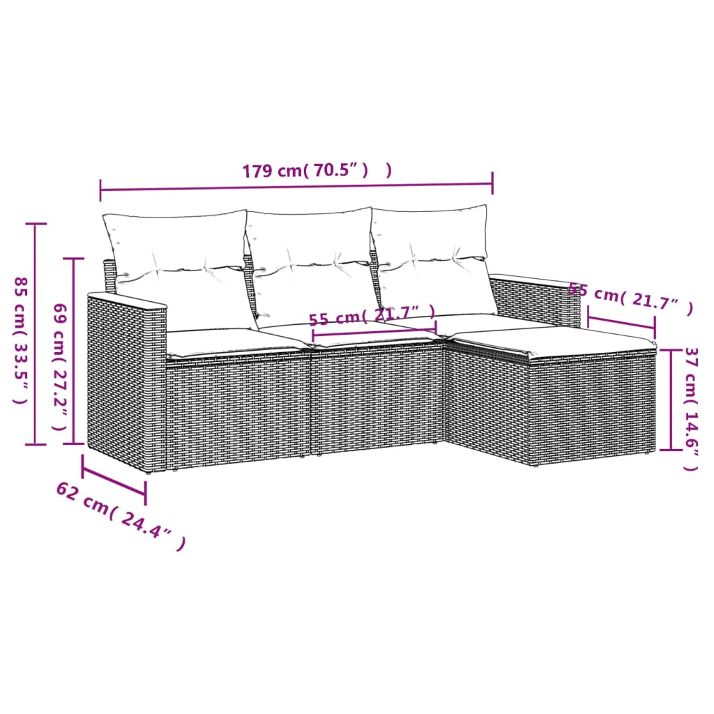 Set canapea de grădină cu perne, 4 piese, gri, poliratan 3258308 - imagine 3