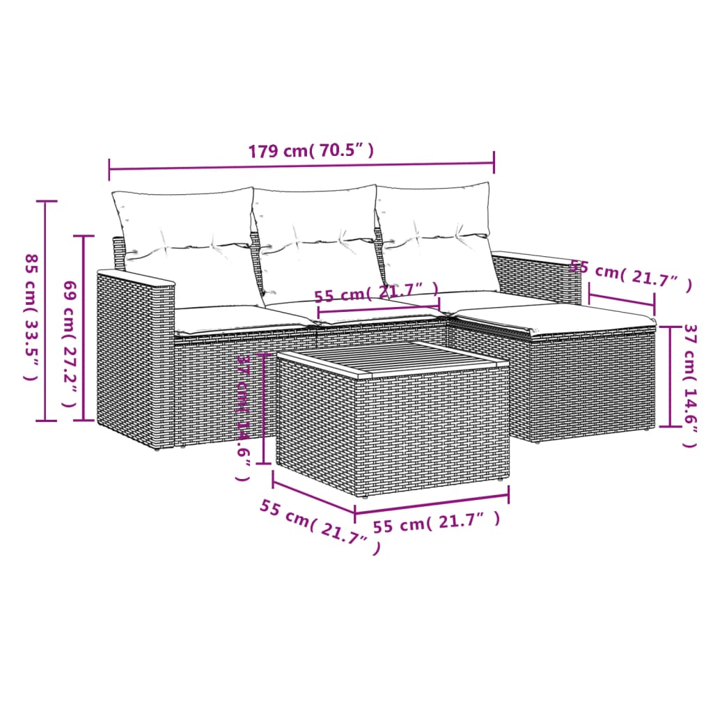 Set mobilier de grădină cu perne, 5 piese, negru, poliratan 3258310 - imagine 3