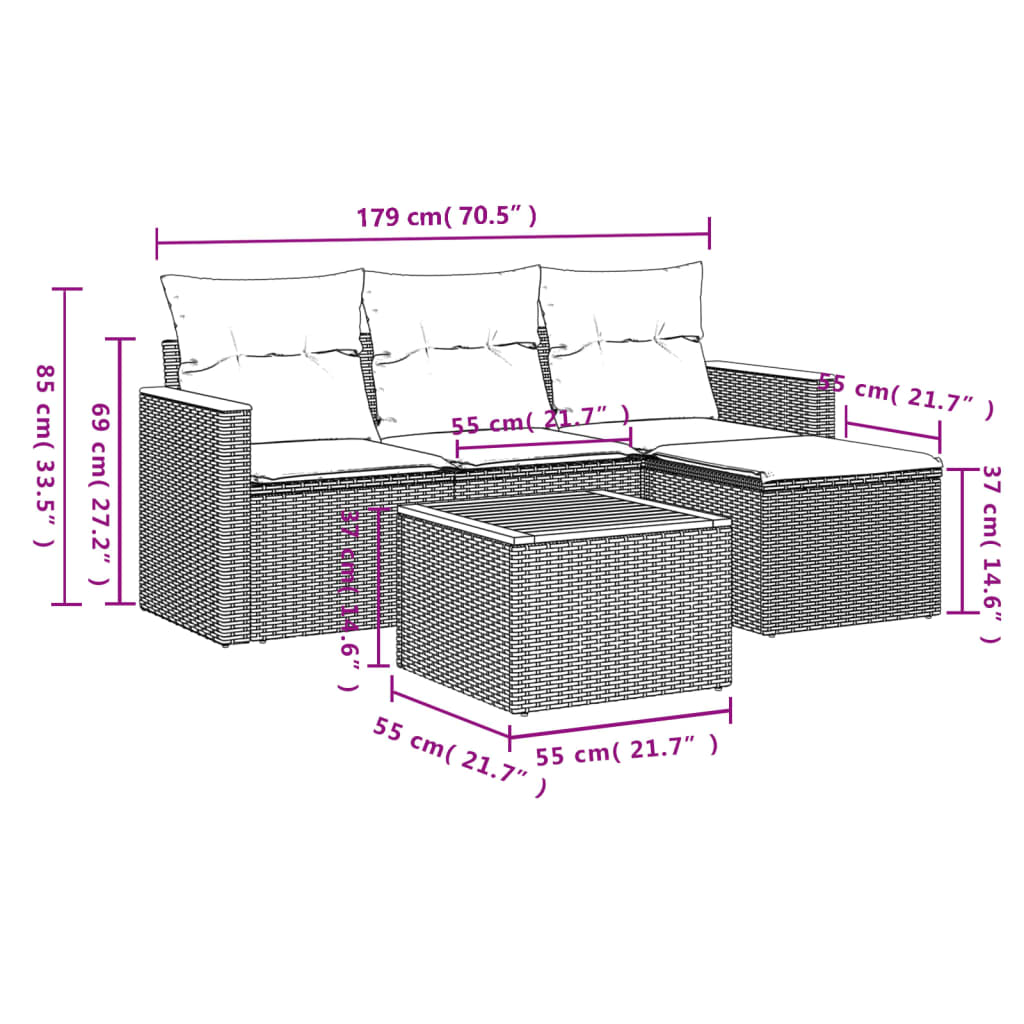 vidaXL 5-delige Loungeset met kussens poly rattan zwart afbeelding