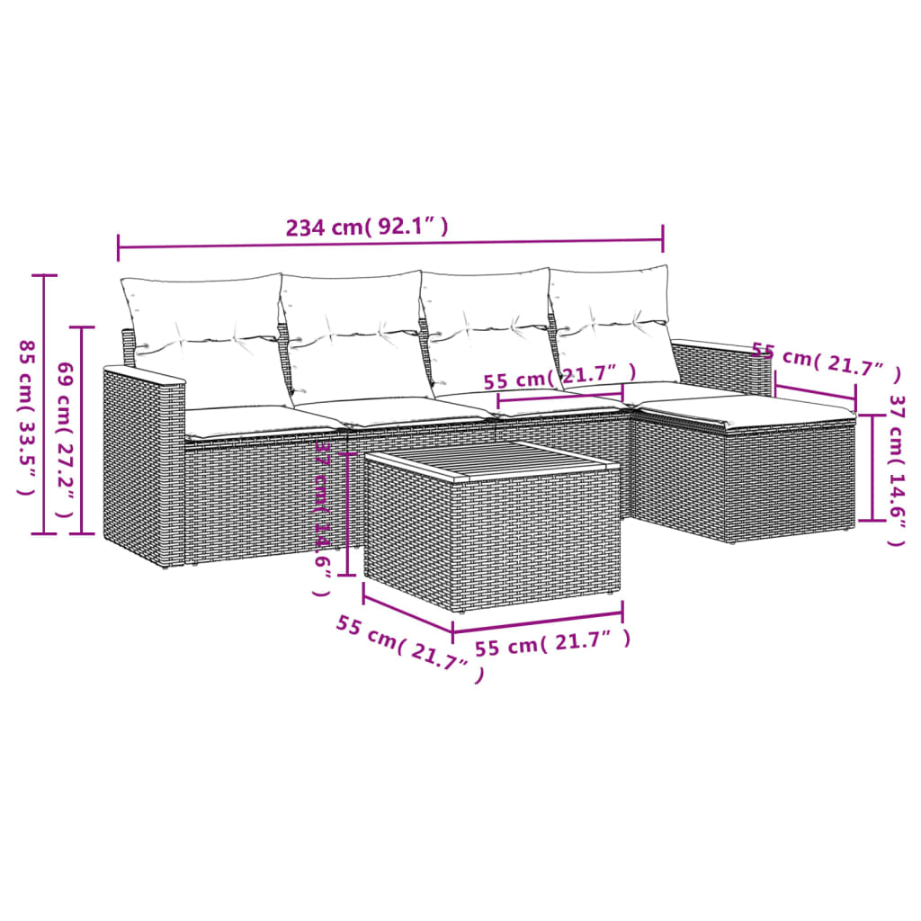vidaXL 6-delige Loungeset met kussens poly rattan beige afbeelding