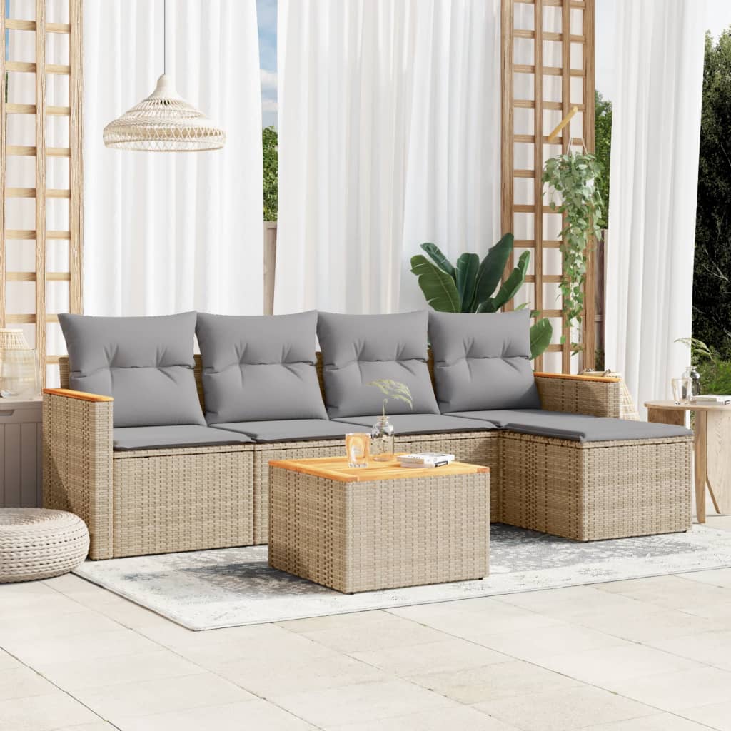 vidaXL 6-tlg. Garten-Sofagarnitur mit Kissen Beige Poly Rattan