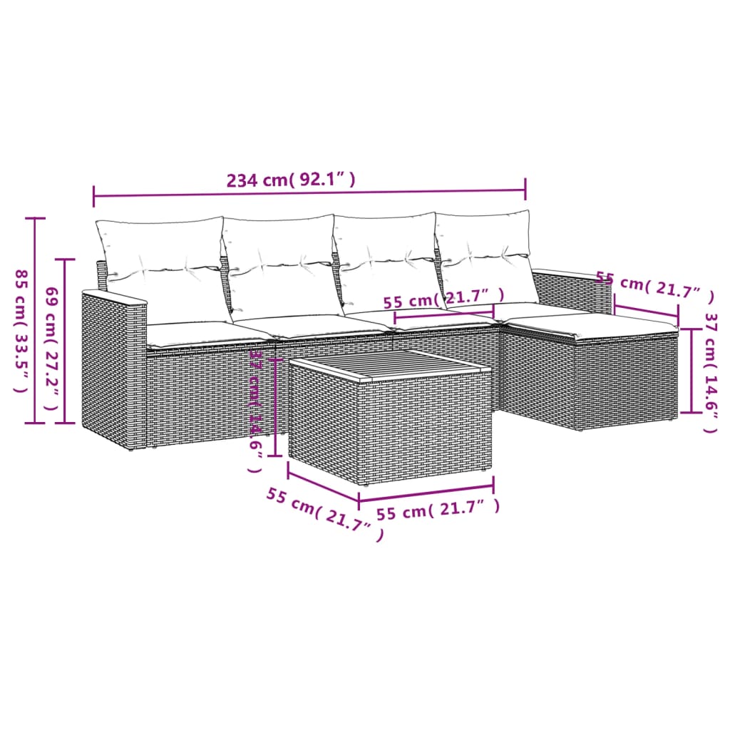 vidaXL 6-delige Loungeset met kussens poly rattan grijs afbeelding
