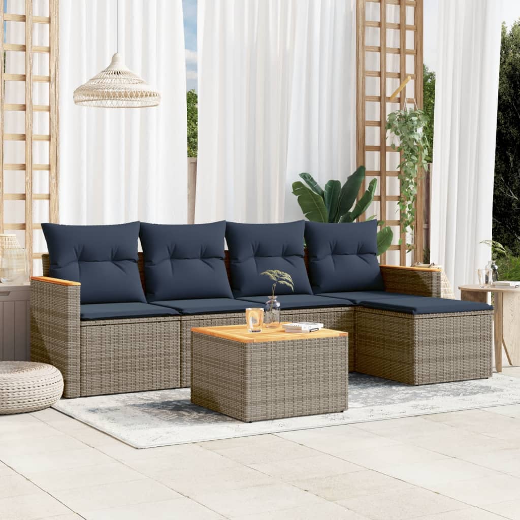 Set de sofás de jardín 6 pzas con cojines ratán sintético gris