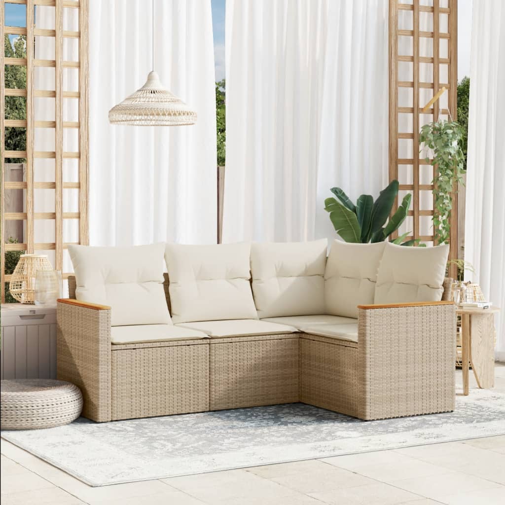 vidaXL 4-tlg. Garten-Sofagarnitur mit Kissen Beige Poly Rattan