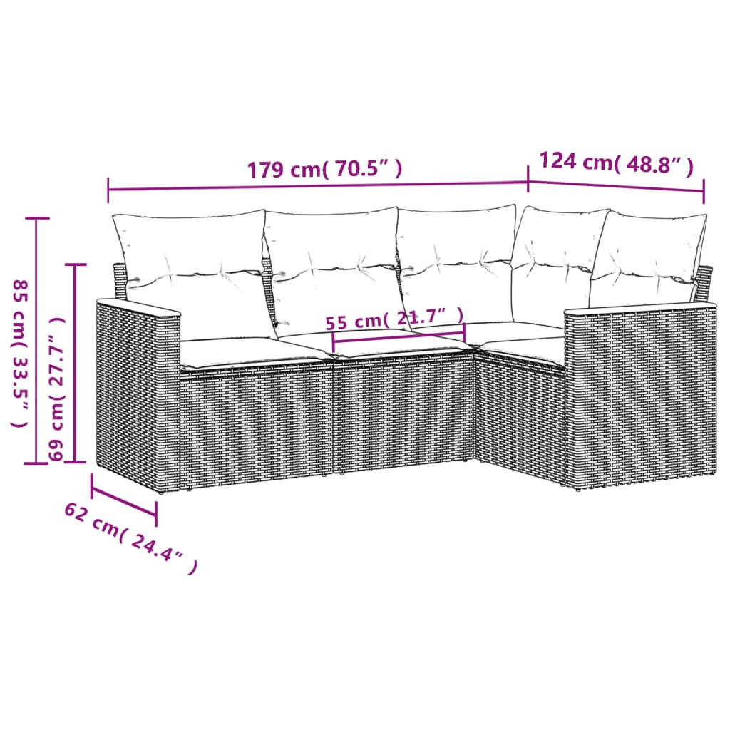 vidaXL 4-delige Loungeset met kussens poly rattan grijs afbeelding