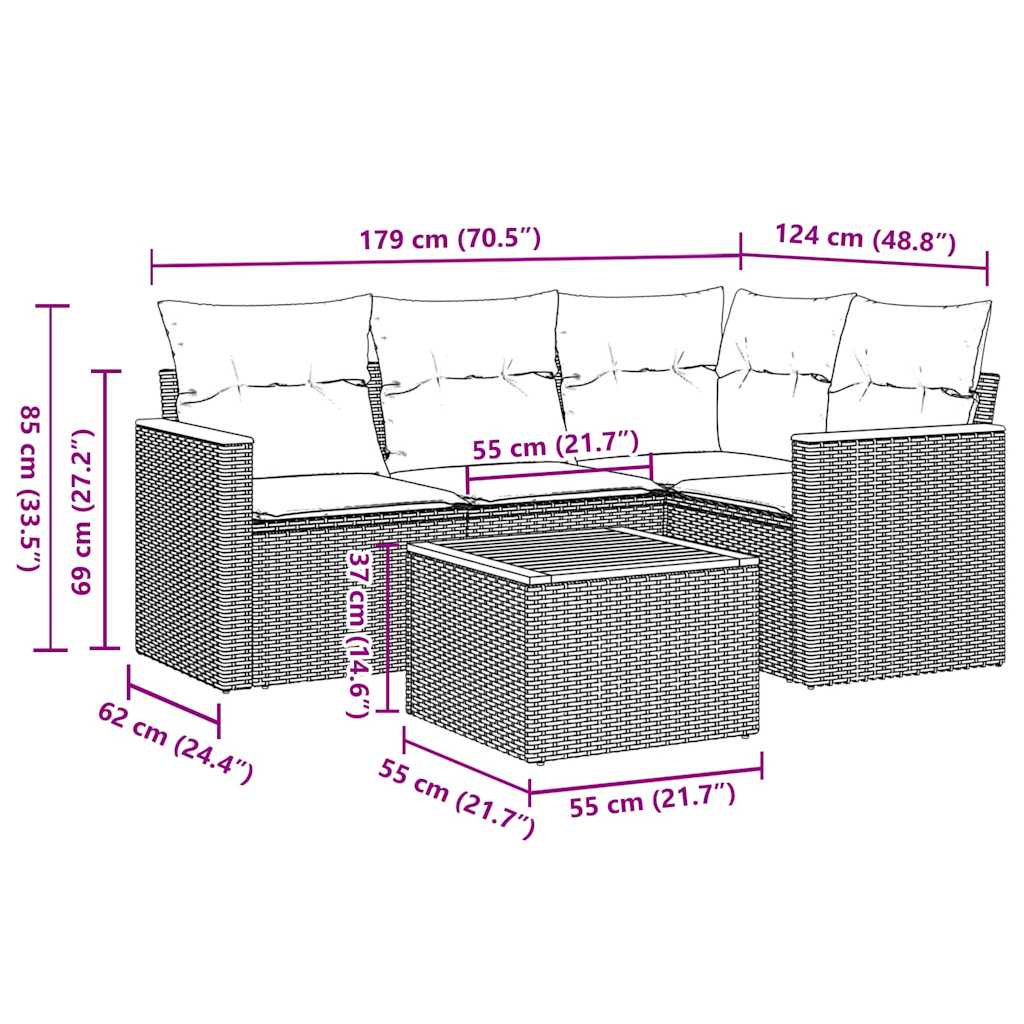 vidaXL 5-delige Loungeset met kussens poly rattan zwart afbeelding