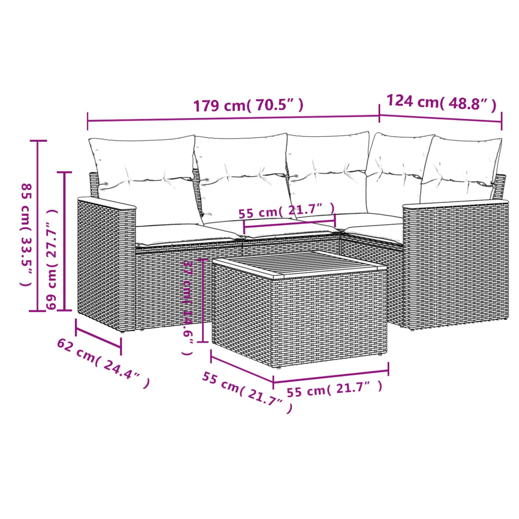 vidaXL 5-delige Loungeset met kussens poly rattan beige afbeelding