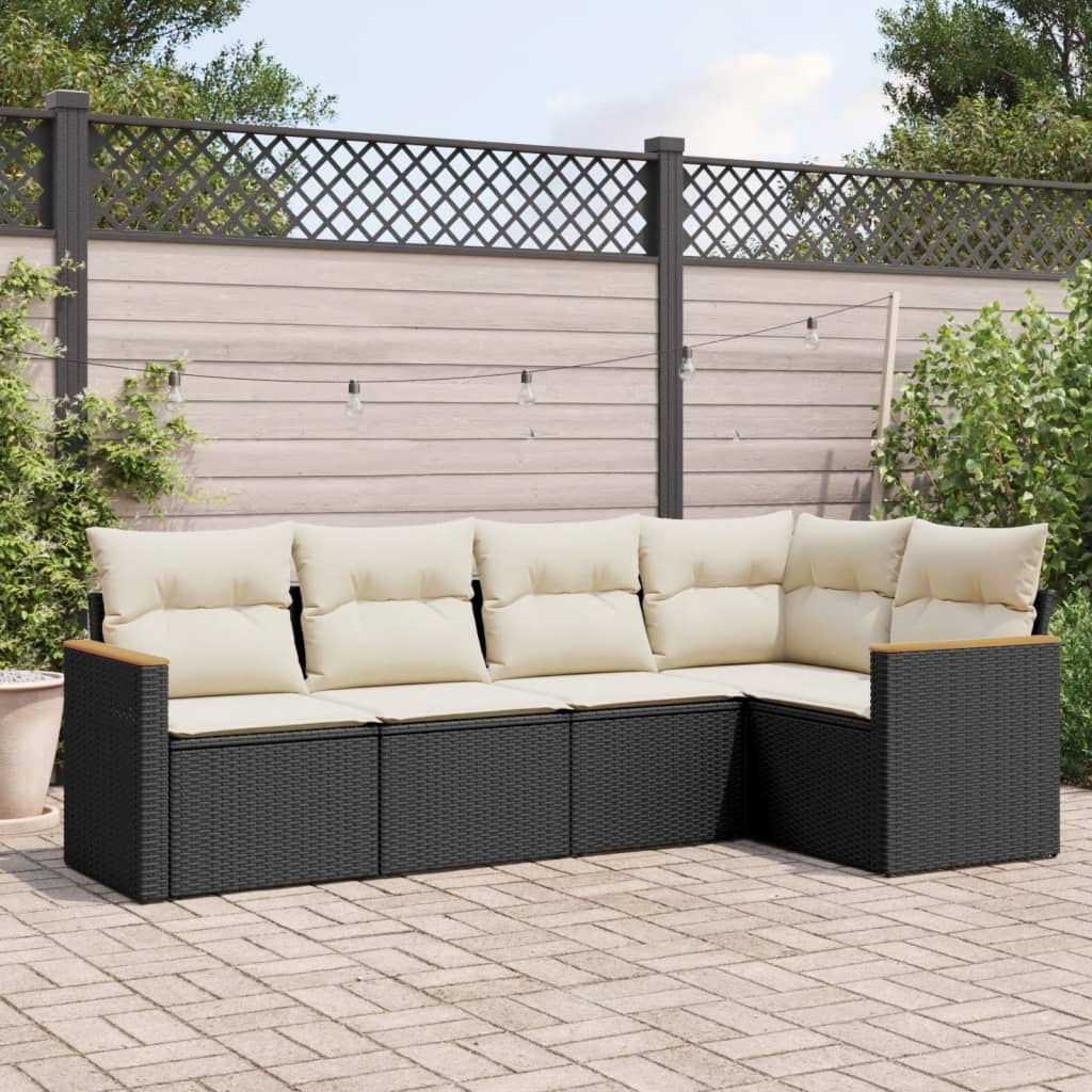 vidaXL 5-tlg. Garten-Sofagarnitur mit Kissen Schwarz Poly Rattan