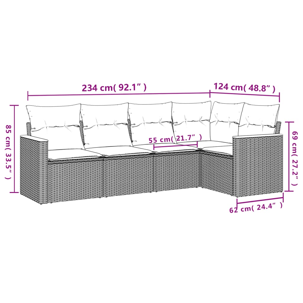 vidaXL 5-delige Loungeset met kussens poly rattan beige afbeelding