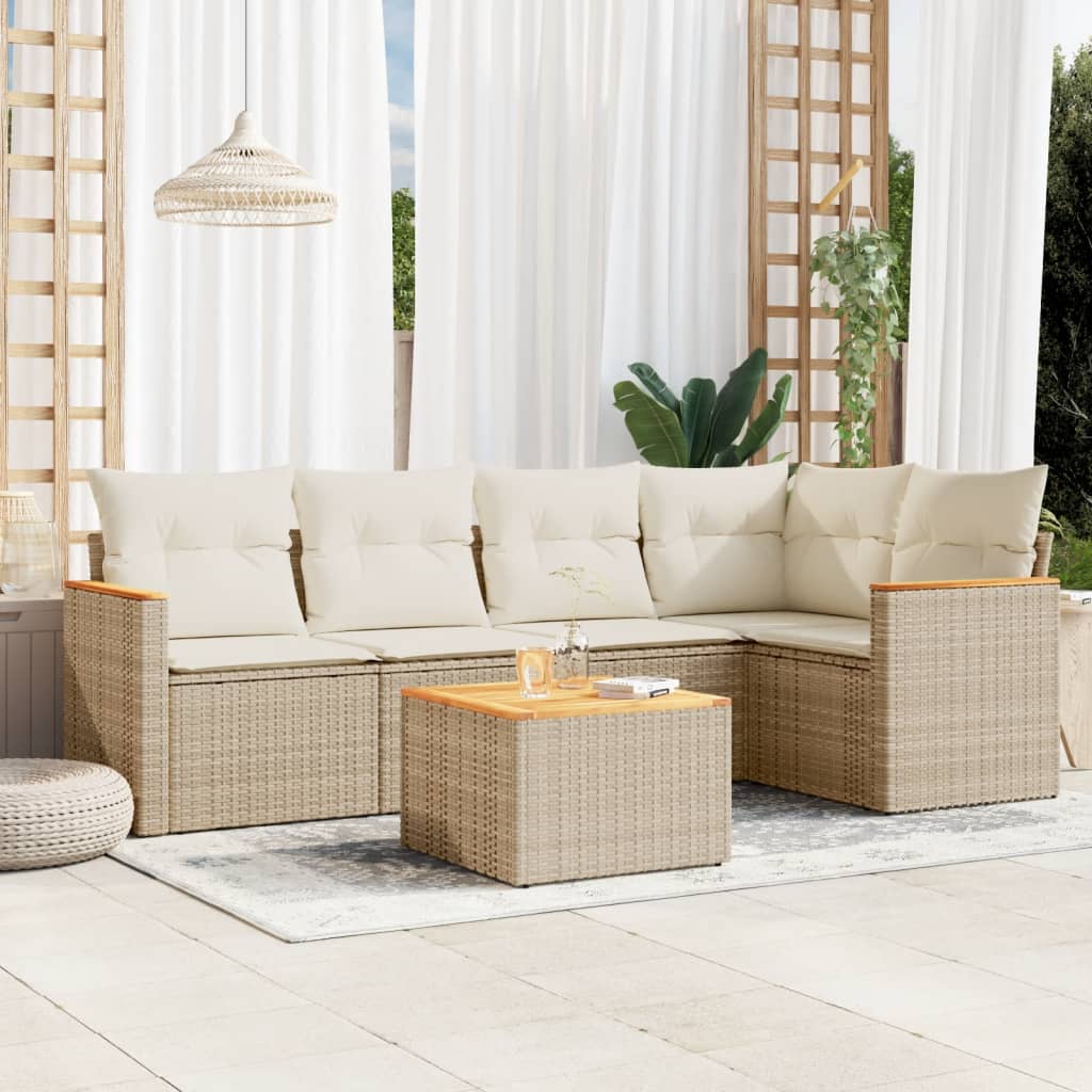 vidaXL 6-tlg. Garten-Sofagarnitur mit Kissen Beige Poly Rattan