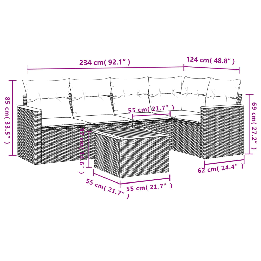 vidaXL 6-delige Loungeset met kussens poly rattan beige