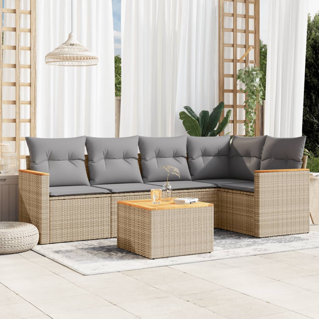 vidaXL 6-tlg. Garten-Sofagarnitur mit Kissen Beige Poly Rattan