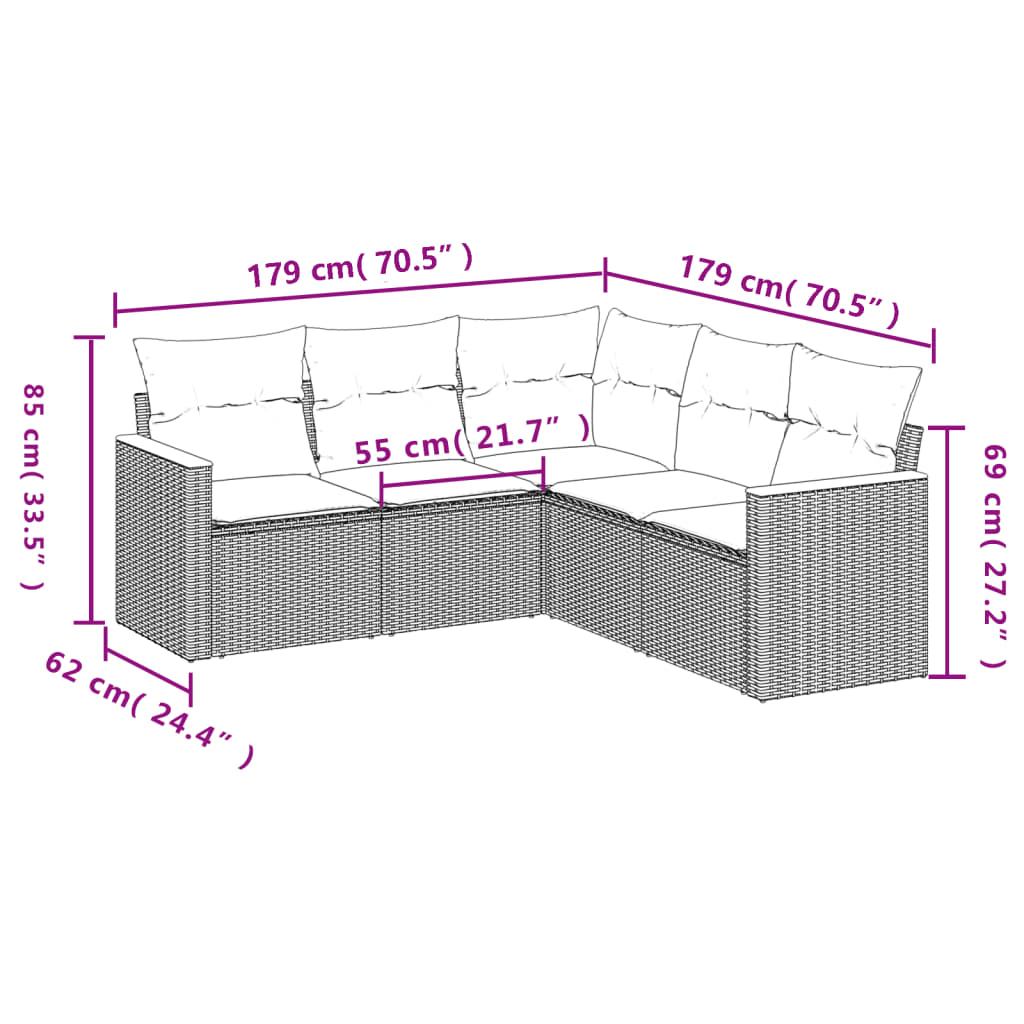 Set mobilier de grădină cu perne, 5 piese, negru, poliratan 3258360 - imagine 3