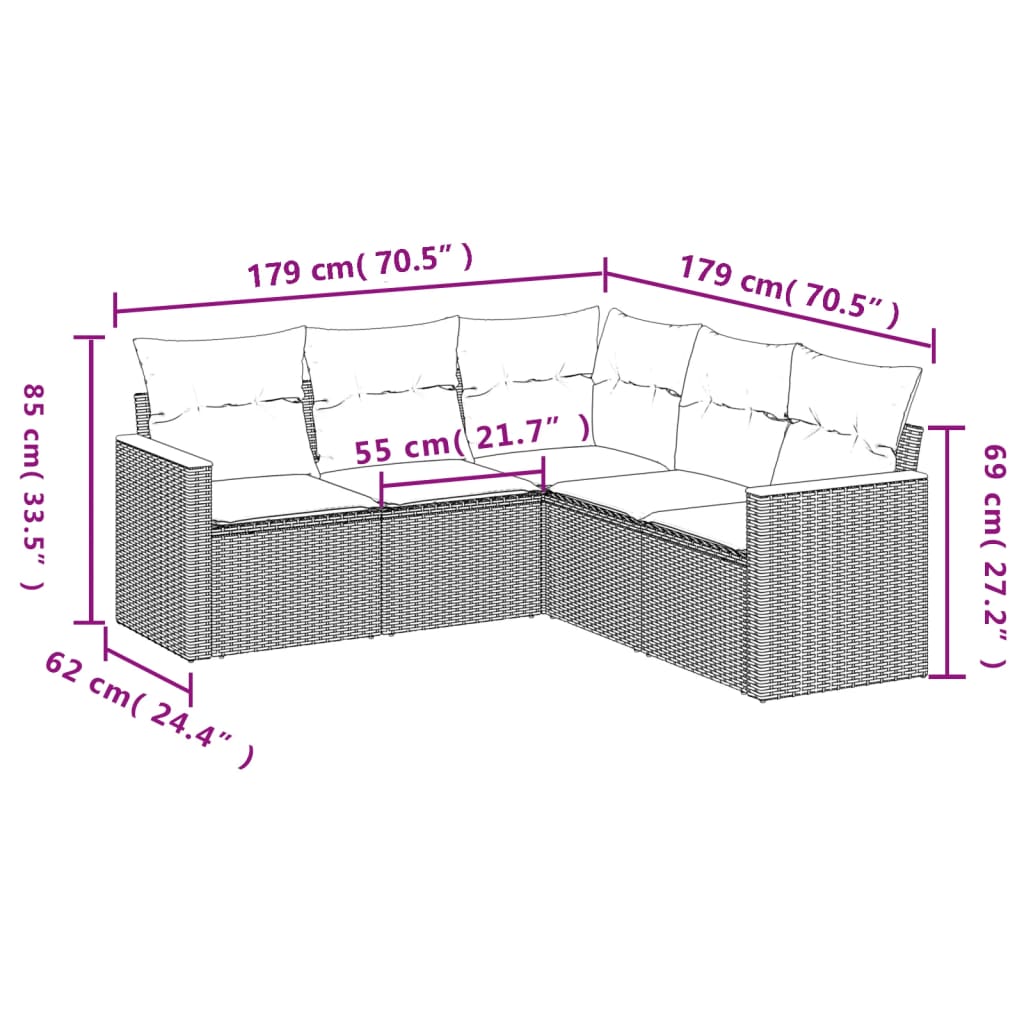 vidaXL 5-delige Loungeset met kussens poly rattan beige afbeelding