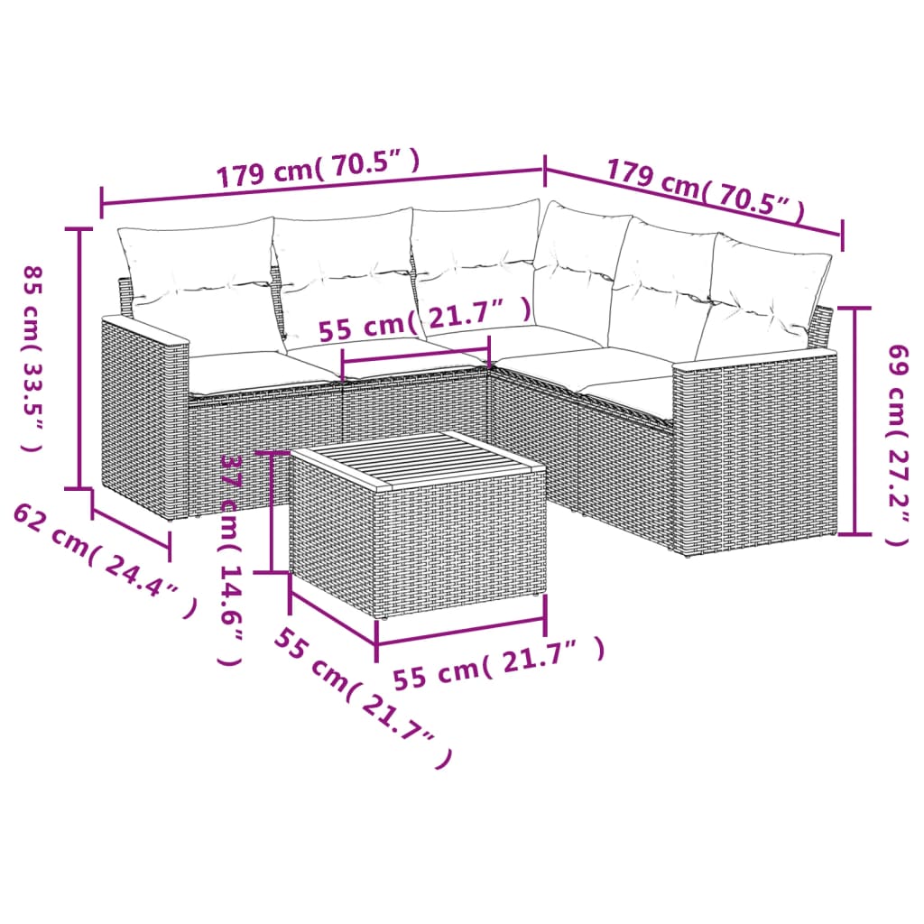 vidaXL 6-delige Loungeset met kussens poly rattan beige