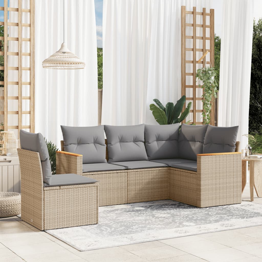 5-tlg. Garten-Sofagarnitur mit Kissen Beige Poly Rattan