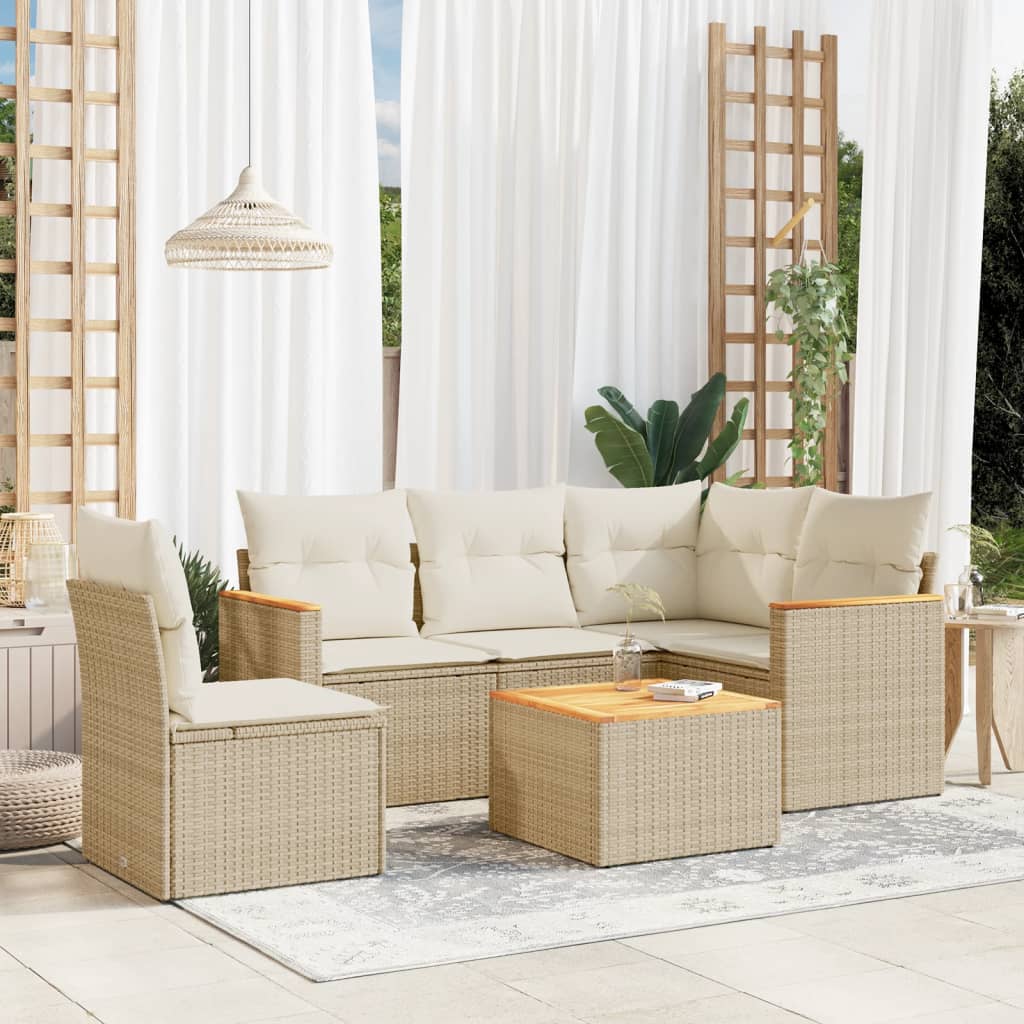 6-tlg. Garten-Sofagarnitur mit Kissen Beige Poly Rattan