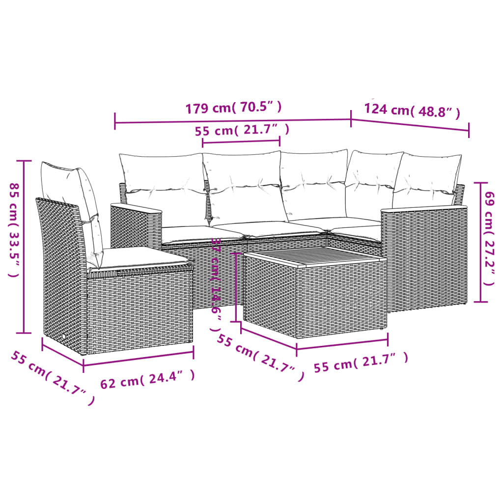 vidaXL 6-delige Loungeset met kussens poly rattan grijs afbeelding