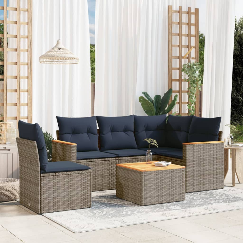 Set de sofás de jardín 6 pzas con cojines ratán sintético gris