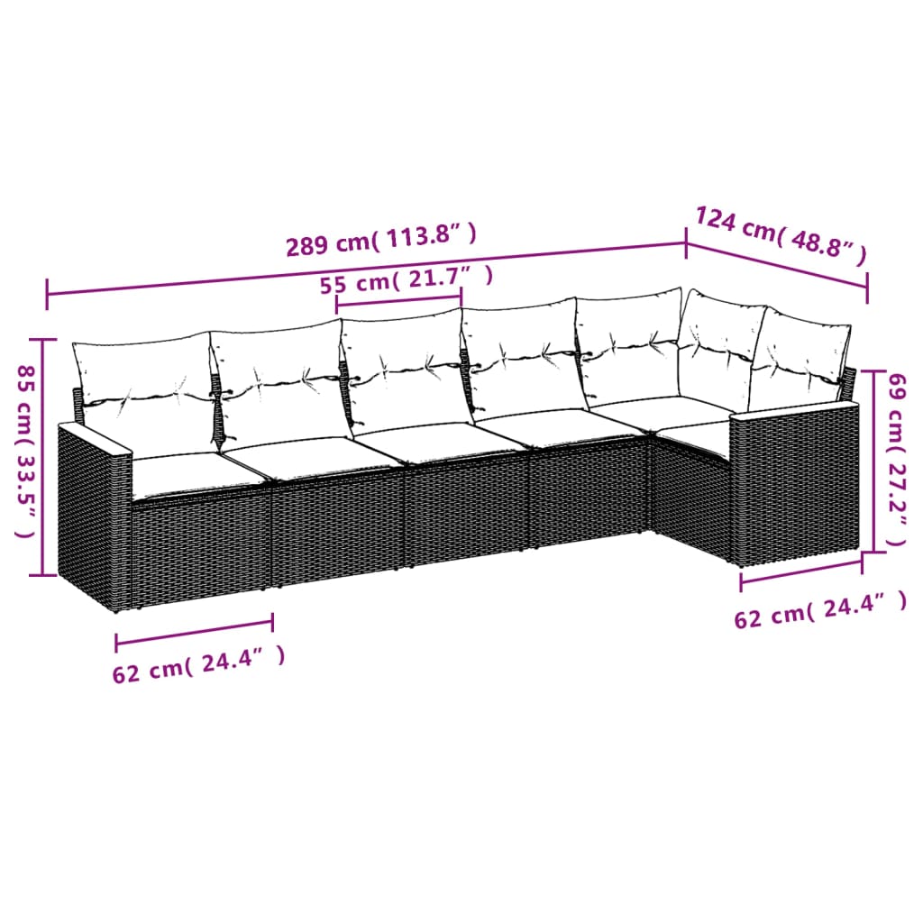 vidaXL 6-delige Loungeset met kussens poly rattan zwart afbeelding