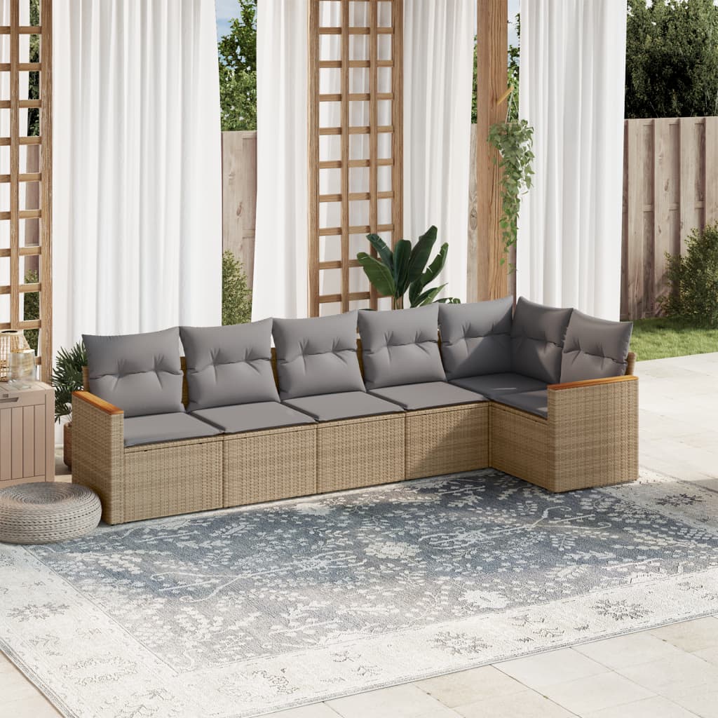 vidaXL 6-tlg. Garten-Sofagarnitur mit Kissen Beige Poly Rattan