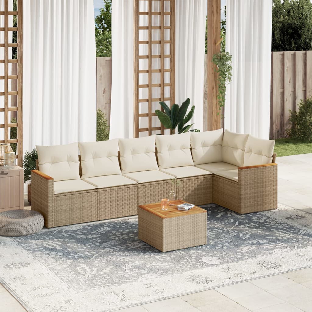 vidaXL 7-tlg. Garten-Sofagarnitur mit Kissen Beige Poly Rattan