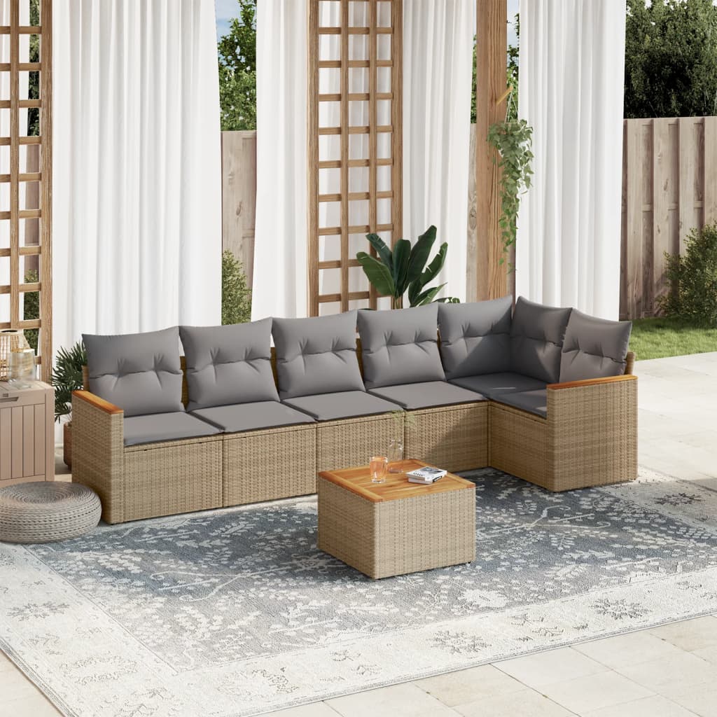 vidaXL 7-tlg. Garten-Sofagarnitur mit Kissen Beige Poly Rattan