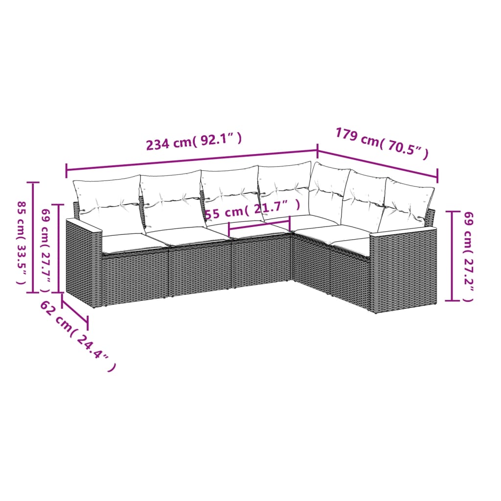 vidaXL 6-delige Loungeset met kussens poly rattan zwart afbeelding