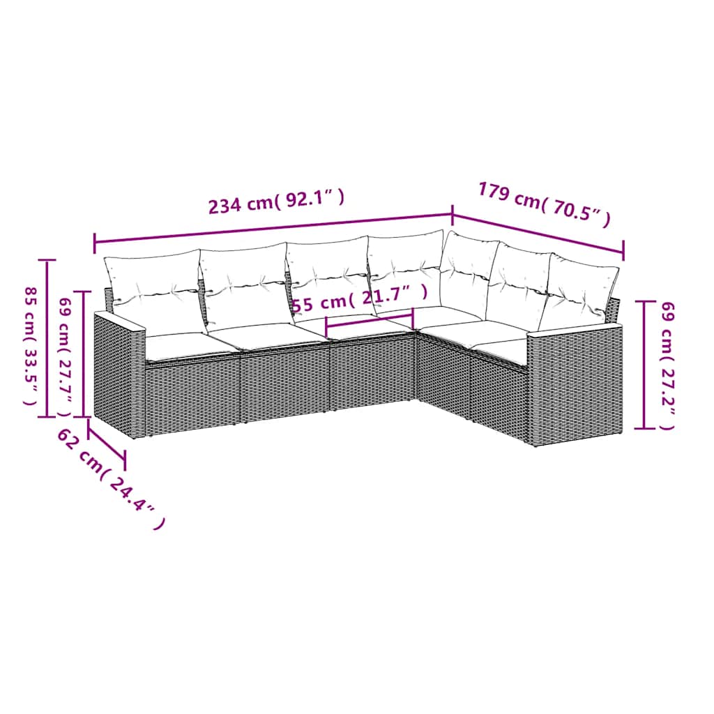 Set mobilier de grădină cu perne, 6 piese, negru, poliratan 3258401 - imagine 3