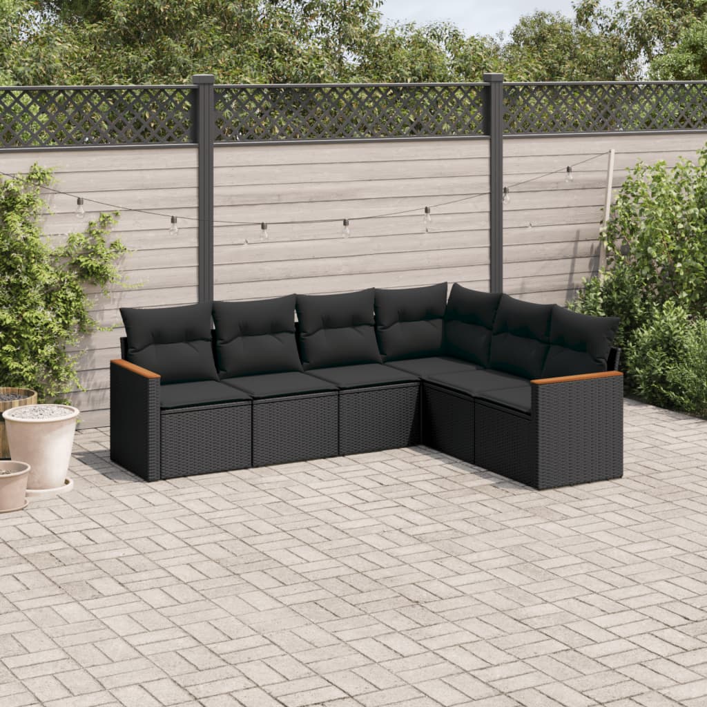 6-tlg. Garten-Sofagarnitur mit Kissen Schwarz Poly Rattan