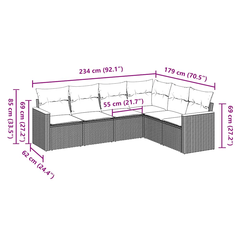 vidaXL 6-delige Loungeset met kussens poly rattan zwart afbeelding