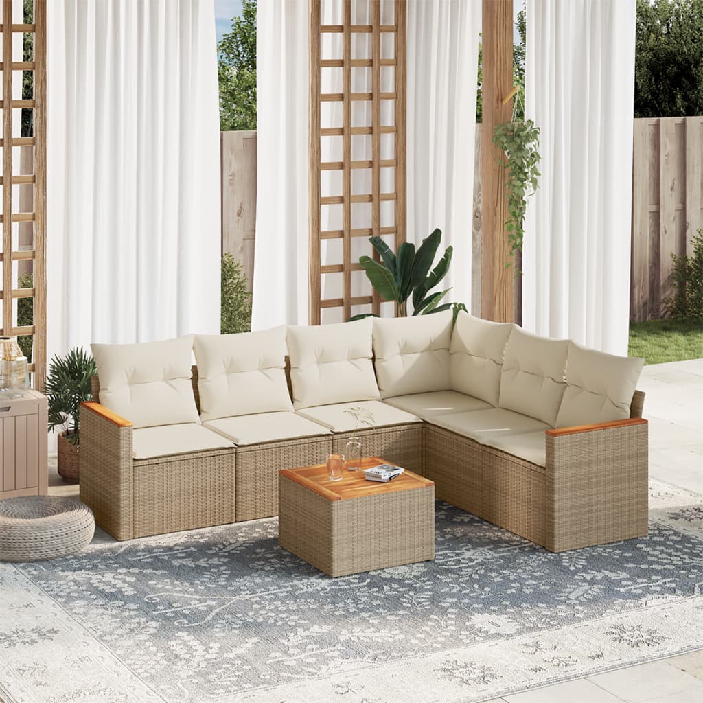 vidaXL 7-tlg. Garten-Sofagarnitur mit Kissen Beige Poly Rattan