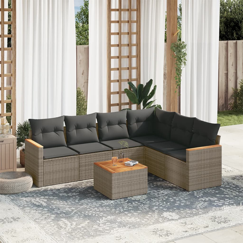 7-tlg. Garten-Sofagarnitur mit Kissen Grau Poly Rattan