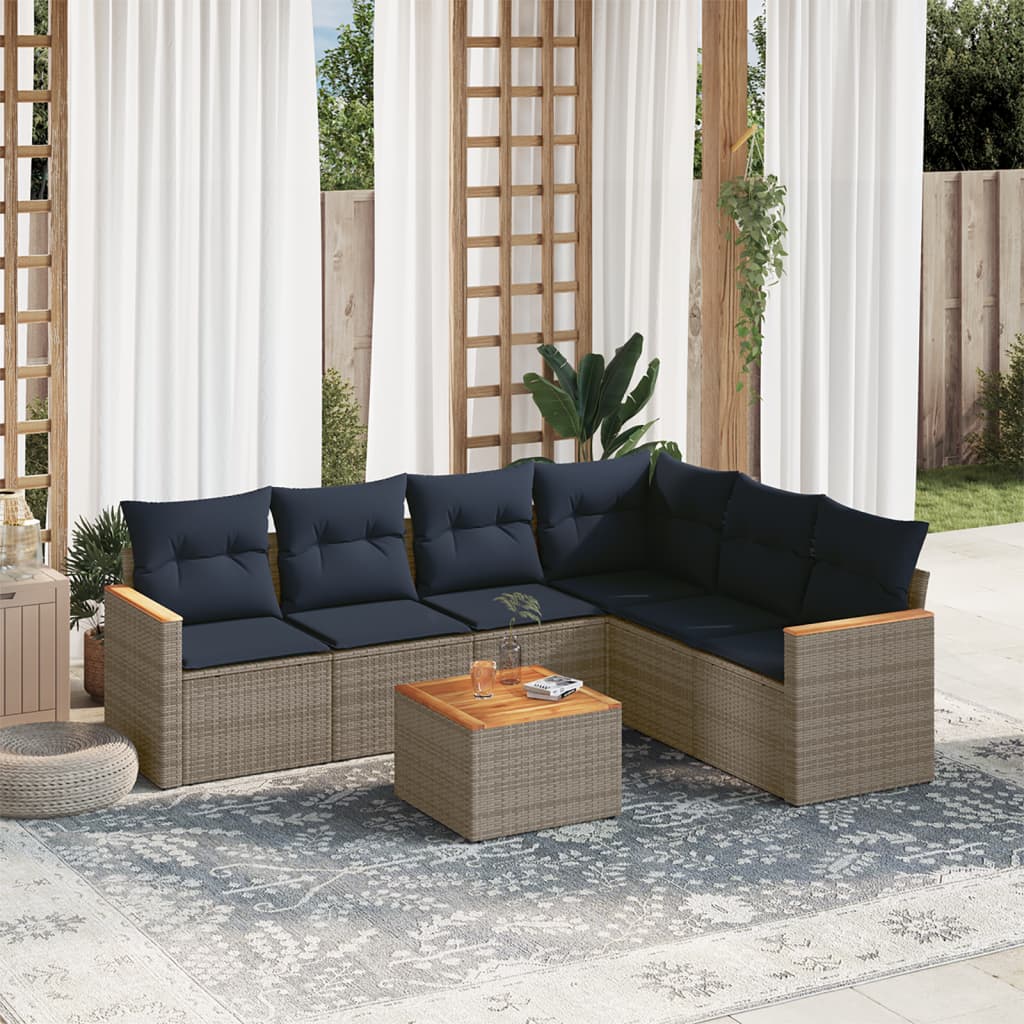 Set de sofás de jardín 7 pzas con cojines ratán sintético gris