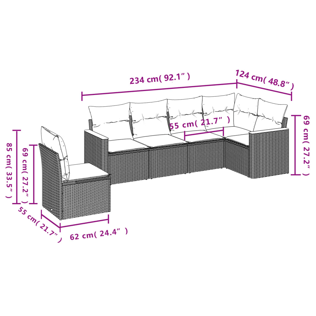 vidaXL 6-delige Loungeset met kussens poly rattan grijs afbeelding