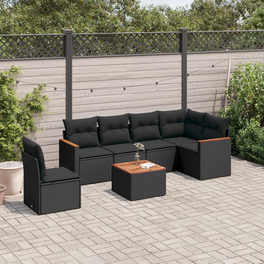 vidaXL 7-tlg. Garten-Sofagarnitur mit Kissen Schwarz Poly Rattan