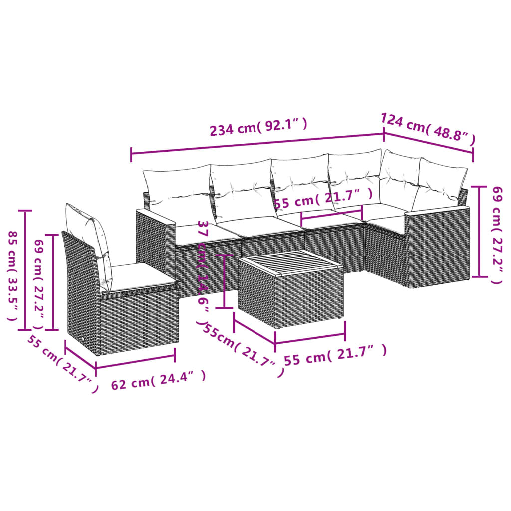 vidaXL 7-delige Loungeset met kussens poly rattan beige